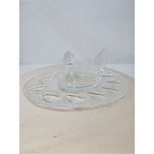 Vtg LE Smith Hen On‎ Nest Deviled Egg Platter 12" x9.5" Clear Glass Serving Tray